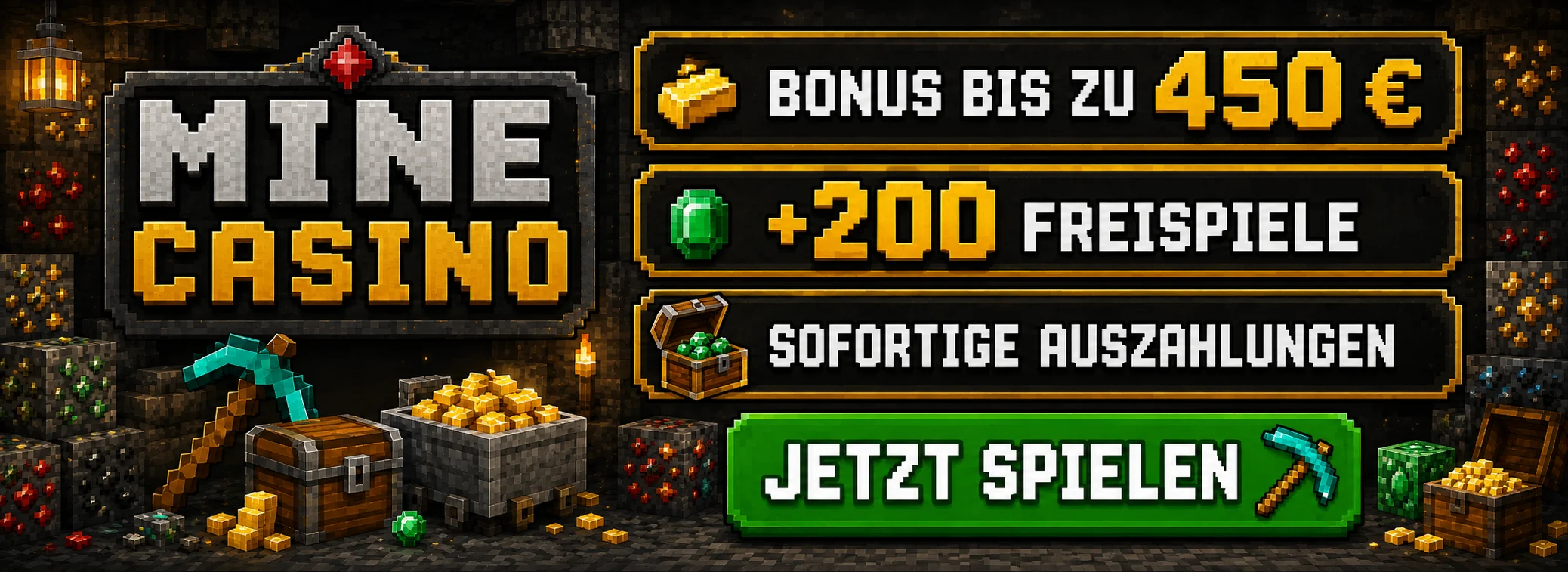 Bonusbanner von Mine Casino mit 450 Euro Bonus und 200 Freispielen